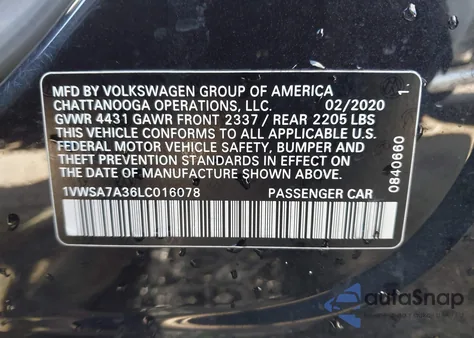 2020 Volkswagen Passat 2.0T Se из США, поврежденный, VIN 1VWSA7A36LC016078